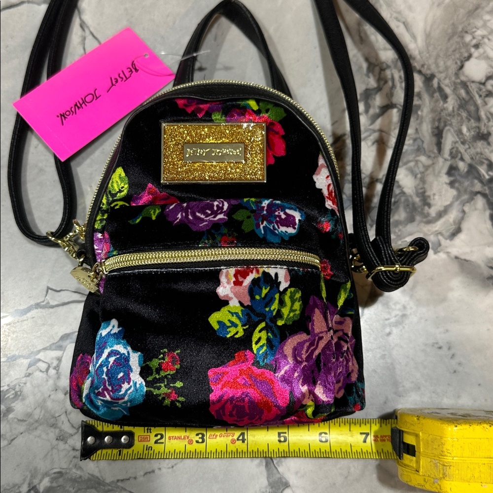 NWT! Betsey Johnson Velvet Black and Multicolor Floral Covertible Backpack - Picture 12 of 14